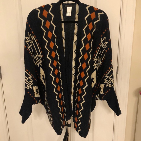 Sweaters - Thick Navy & Orange Poncho Sweater